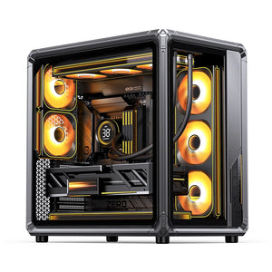 Computer case with glowing yellow fans on a white background