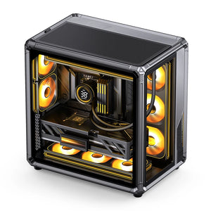 Computer case with visible internal components and yellow lighting on a white background