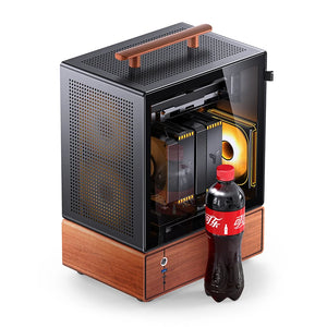 Computer case with wooden base and Coca-Cola bottle on a white background