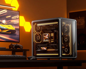 Gaming setup with a computer case, monitor, keyboard, and mouse on a desk.