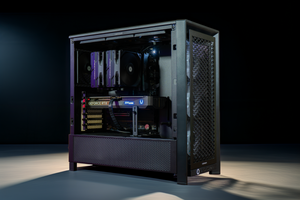 Computer case with visible hardware components on a dark background