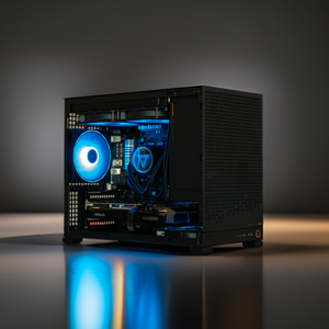Glossy black computer case with blue lighting on a reflective surface