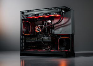 Glossy black computer case with red lighting on a reflective surface