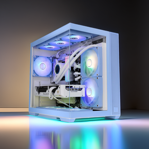 Computer case with RGB lighting on a reflective surface