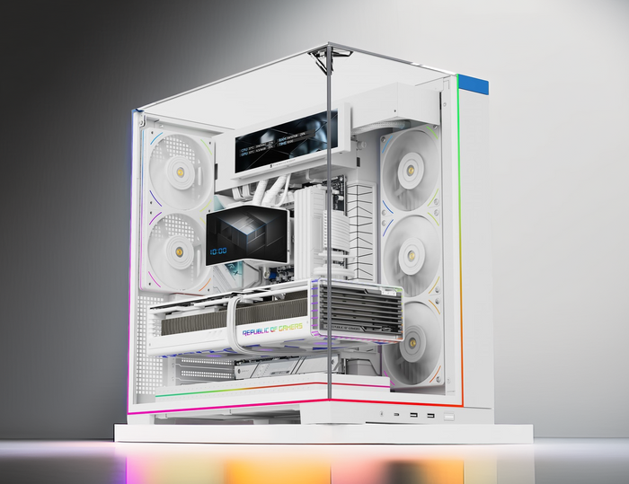 Computer case with internal components on a gray background