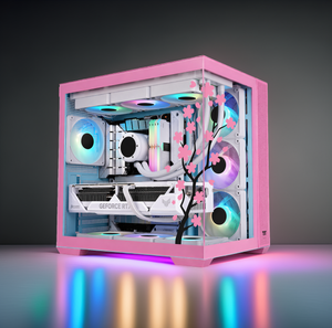 Pink computer case with RGB lighting and cherry blossom design on a dark background