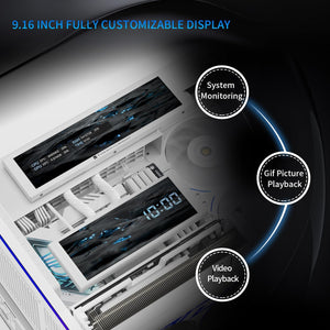 9.16 inch customizable display with system monitoring, gif picture playback, and video playback features.