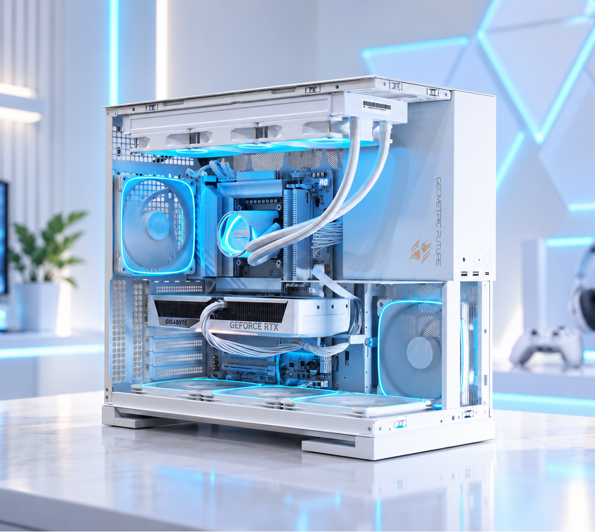 A white custom-built gaming PC with a transparent side panel, showcasing a white liquid CPU cooler, blue LED lighting, and a white GeForce RTX graphics card, set on a reflective white desk with a blurred futuristic tech background.