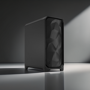 Black computer on a reflective surface with a dark background