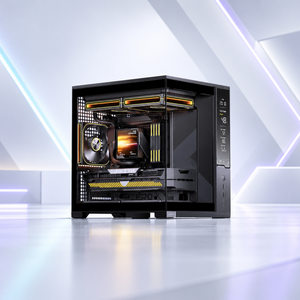 A black desktop computer tower with a transparent side panel, showcasing internal components with glowing orange and yellow lighting, set against a futuristic white and gray background with geometric lines and neon light accents.
