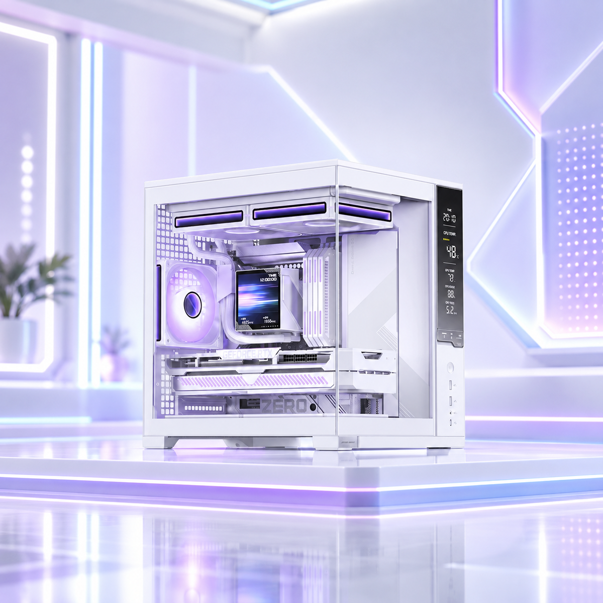 A white high-performance gaming PC tower with a clear side panel, showcasing internal components and RGB lighting, set against a futuristic neon-lit white and purple background.