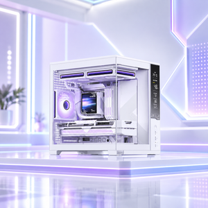 A white high-performance gaming PC tower with a clear side panel, showcasing internal components and RGB lighting, set against a futuristic neon-lit white and purple background.