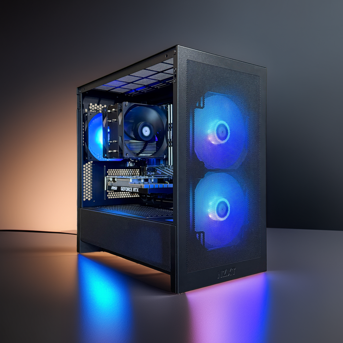Computer case with blue LED lights on a dark background