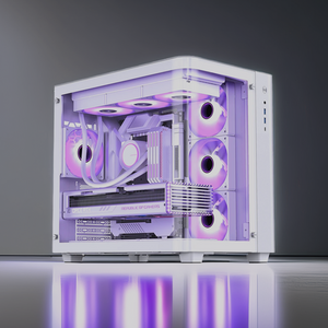 Computer case with purple lighting on a reflective surface