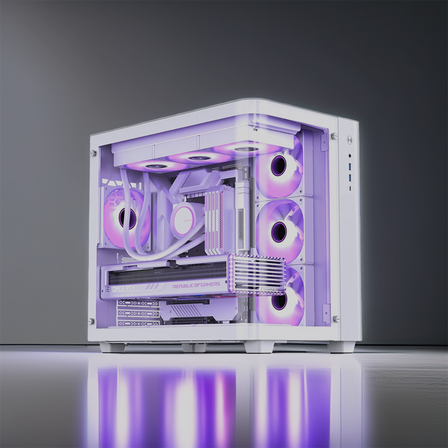 Computer case with purple lighting on a reflective surface