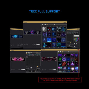TRCC software interface with various colorful displays on a black background