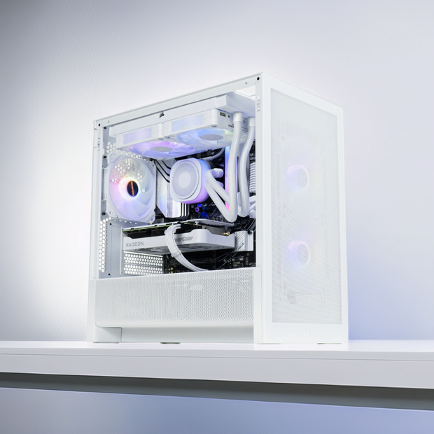 White computer case with visible internal components on a white background