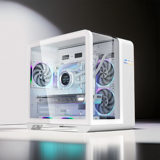 TWELF Moonlight white gaming PC with RGB fans and panoramic glass case