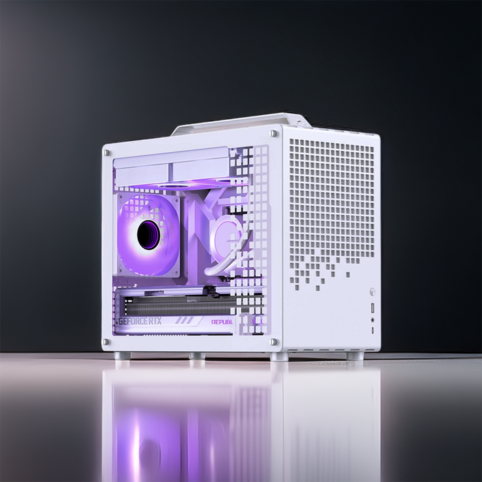 TWELF Nyx Z20 compact white gaming PC with purple RGB lighting