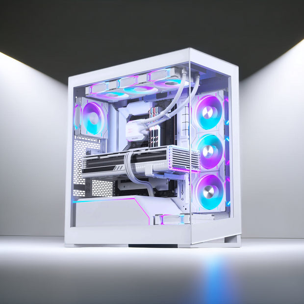 TWELF Pathfinder V2 white gaming PC with RGB fans and tempered glass case