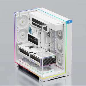 Computer case with open side panel on a gray background, text indicating compatibility with back-connect ATX motherboards.