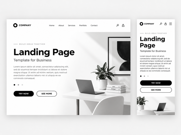 A digital mockup showing a website landing page template in desktop and mobile views. The design features a clean white layout with black text, a hero section with placeholder text, a navigation bar, and an office desk scene with a laptop and potted plant.