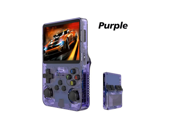 Handheld gaming console with transparent purple casing on a white background
