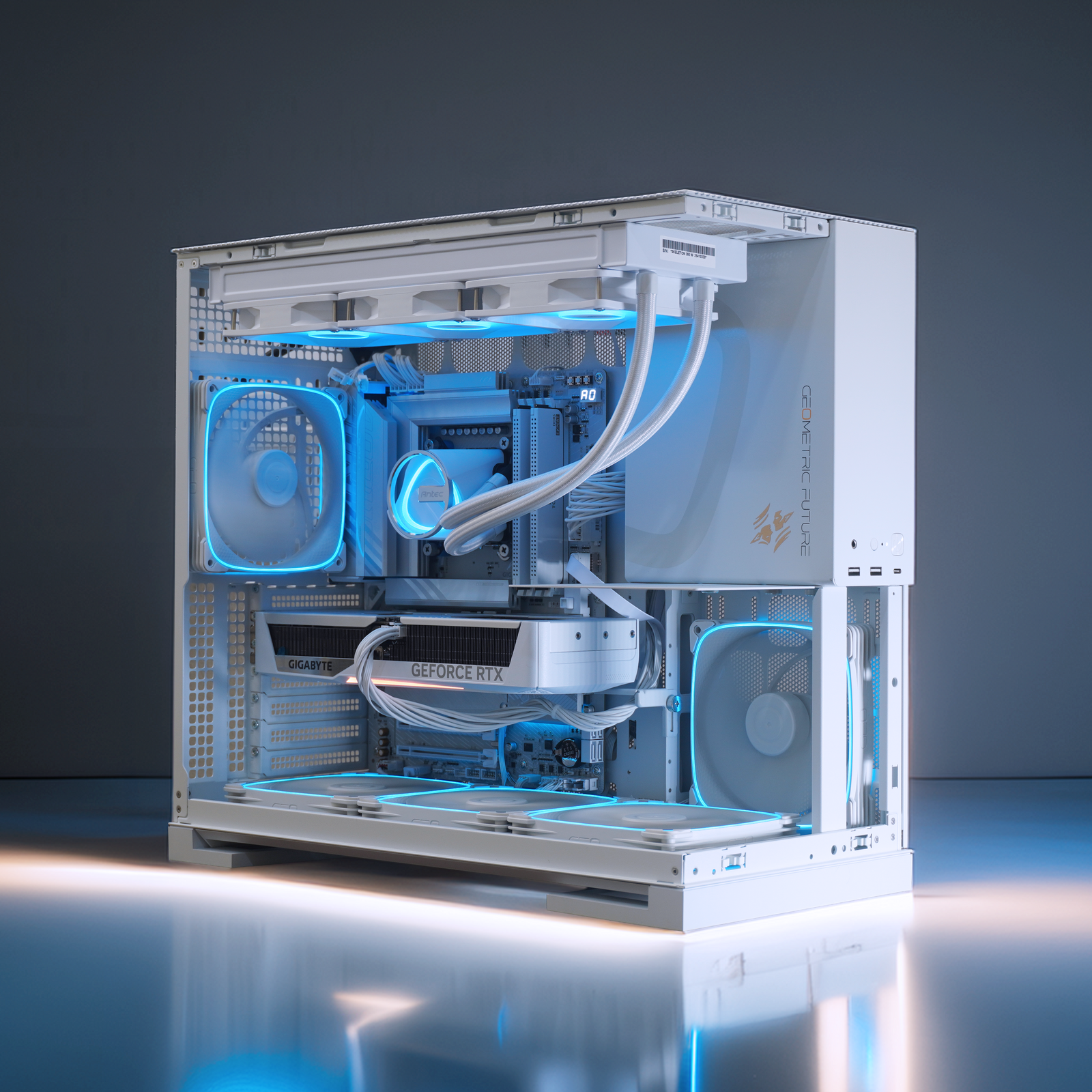 Twelf moonlight gaming pc with visible internal components on a studio background