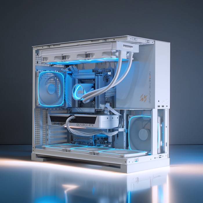 Twelf moonlight gaming pc with visible internal components on a studio background