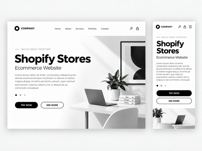 A digital mockup showing a website design for Shopify Stores, with a large desktop view on the left and a mobile view on the right, set against a light gray background.